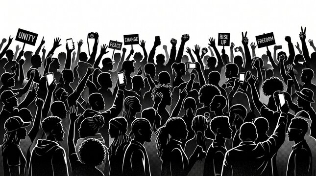 A black and white illustration of a diverse crowd of people protesting with raised arms, holding signs that read "UNITY", "PEACE", "CHANGE", "RISE UP", and "FREEDOM", along with smartphones.