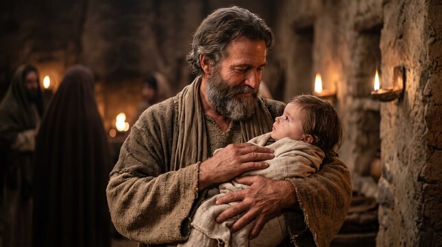 A bearded man tenderly cradles a swaddled infant in a dimly lit, rustic stone room illuminated by warm candlelight.