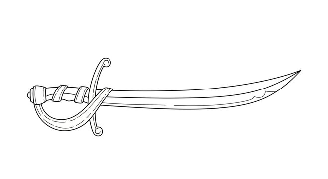 Black and White Drawing of a Curved Sword with Ornate Hilt