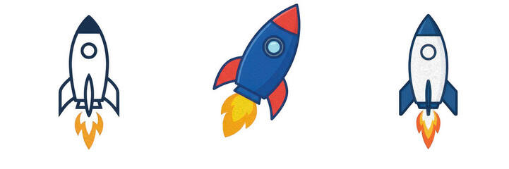 Rocket ship launching icons with fire blast isolated on white background, space exploration and startup business PNG graphic © eagle