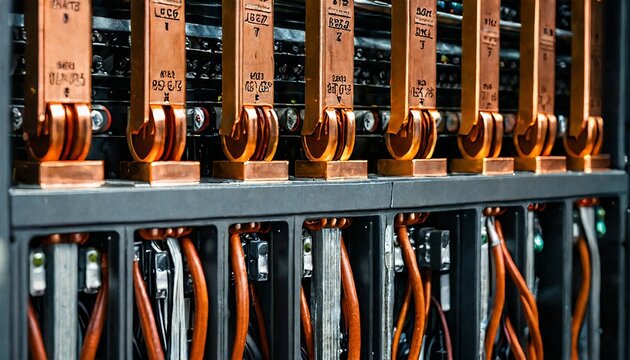 Detailed copper busbar wiring in an industrial power plant
