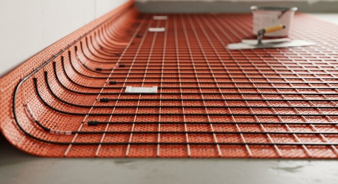 Side angle of radiant electric heating mat laid flat ready for thinset application in residential underfloor heating project.