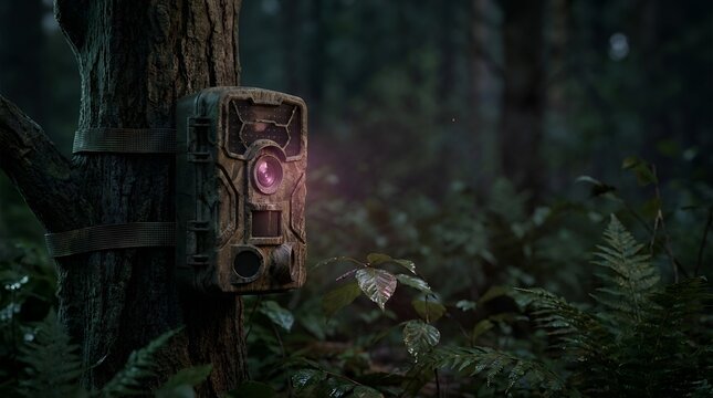 A camouflage trail camera mounted on a tree in a dark misty forest at night with glowing infrared lens