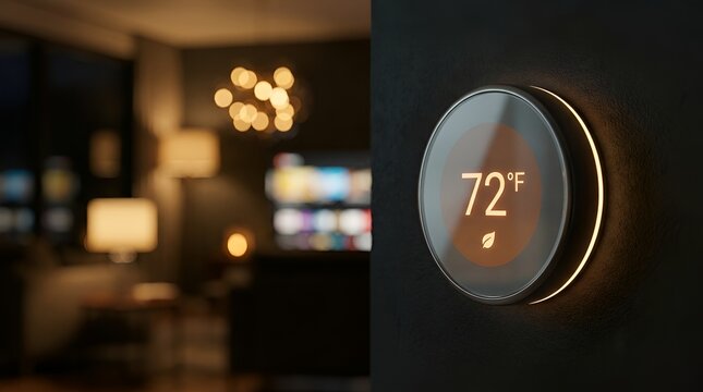 Smart home thermostat displaying 72 degrees Fahrenheit with a leaf eco icon mounted on a dark wall beside a cozy modern living room