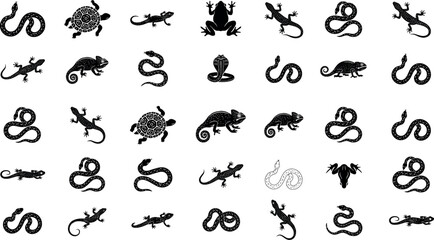 Reptile and Amphibian Silhouette Icon Set with Tribal Patterned Snakes Lizards Turtles and Frogs for Indigenous Art and Wildlife Conservation Graphic Designs © mdtaleb