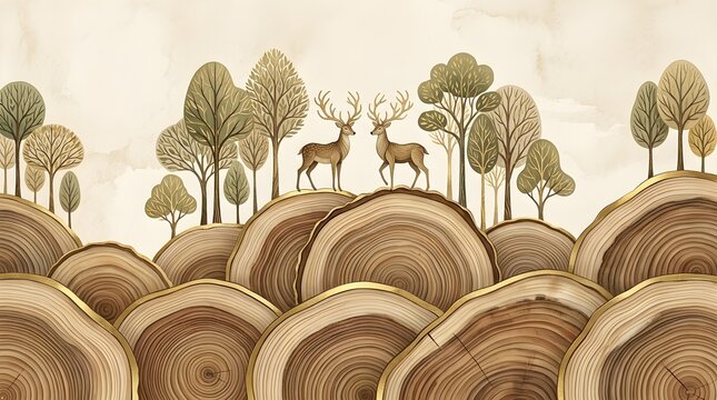 Abstract wood ring landscape mural with deer and golden trees