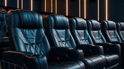 Obraz premium Modern cinema auditorium features rows of comfortable dark leather chairs. Premium recliner seats with armrests offer luxury viewing experience for movies. Stylish indoor lighting creates elegant