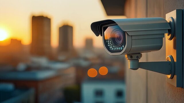 Modern CCTV security camera, fixed outdoor surveillance device monitoring city skyline at sunset, high quality cinematic footage, golden hour lighting, symbolizing constant protection and vigilance
