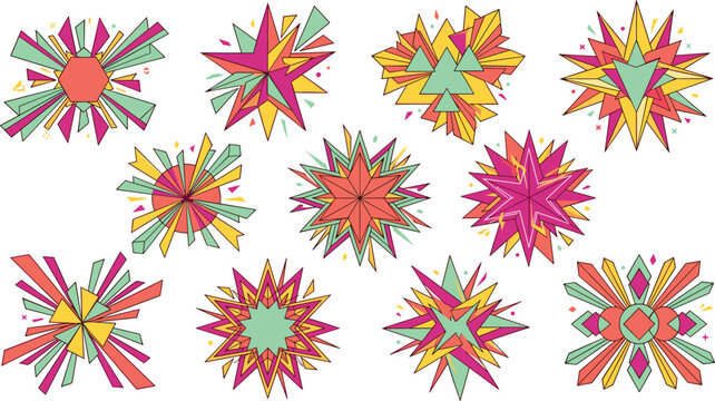 Abstract Geometric Starburst Vector Shapes Set with Colorful Explosive Elements for Creative Graphic Design