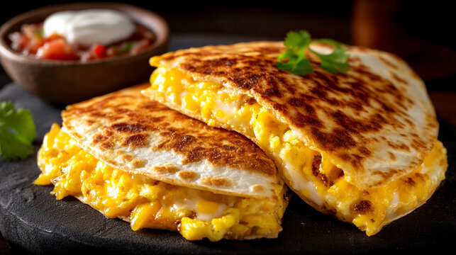 Crispy cheesy quesadilla slices served with fresh salsa and creamy dip, sour cream