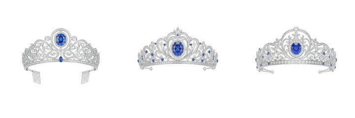 Elegant silver tiaras and crowns with blue sapphire gemstones isolated on white background, royal jewelry and princess accessories PNG graphic element © eagle