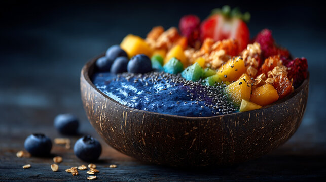 Blue spirulina smoothie bowl topped with fresh berries granola and tropical fruits