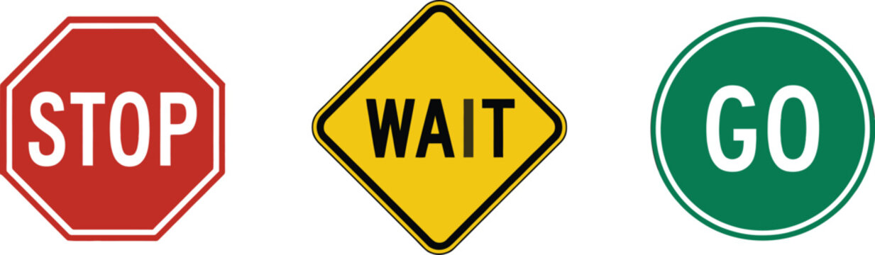 stop wait go traffic sign icons for road control, clear transportation guidance symbols featuring stop, wait, and go indicators for road safety and navigation systems.