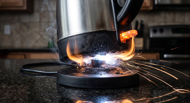 Electric kettle burning with fire sparks and smoke from faulty base appliance malfunction.