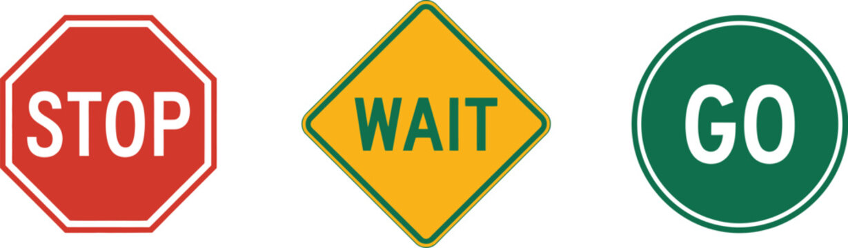 stop wait go traffic sign icons for road control, clear transportation guidance symbols featuring stop, wait, and go indicators for road safety and navigation systems.