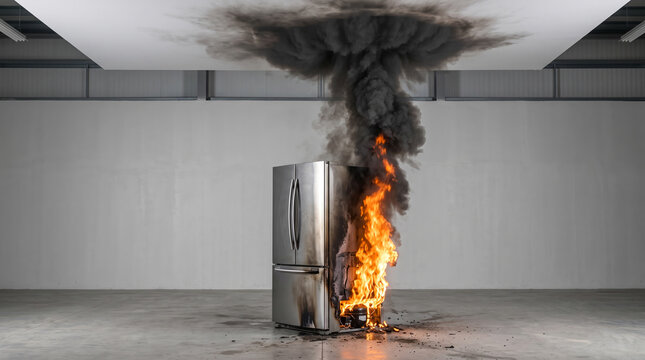 Fire and smoke coming from burning fridge in an empty apartment.