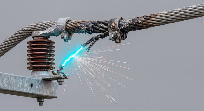 High voltage power line with sparks electrical short circuit fire danger safety risk.
