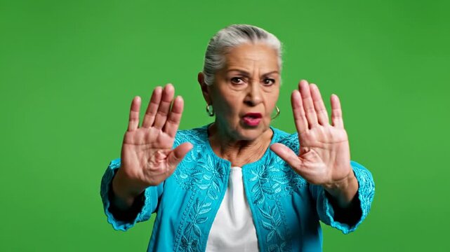Assertive Senior Woman Gesturing Stop with Hands against Green Screen