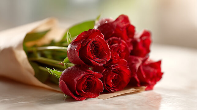 Bouquet of fresh red roses wrapped in rustic brown paper on a table with romantic