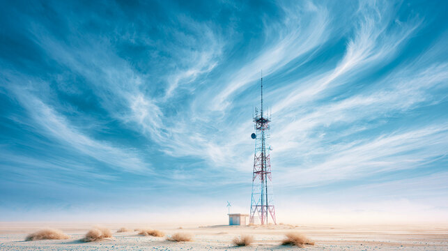 A tall communication tower stands in a vast, barren desert under a dramatic, wispy sky.
