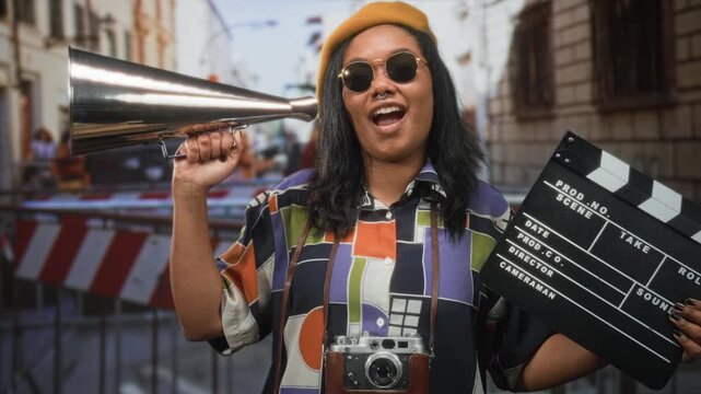 Woman holding a clapperboard and megaphone on a street, wearing beret and vintage camera while smiling and calling out; joy creativity.