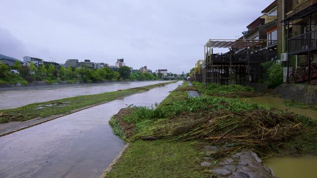 Storm and Flood Debris on Kamo Riverside After Typhoon Damage, Japan