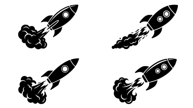 Retro rocket launching into space with smoke trail. Vintage space exploration vector illustration with dynamic takeoff effect.