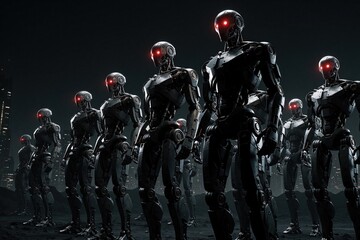 Obraz premium Group of black mechanical robots stand in line at night. Cyborg soldiers with glowing red eyes monitor dark urban background. Futuristic army machines prepare for battle. Artificial intelligence
