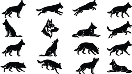 Fototapeta premium Set of black silhouettes of german shepherd dogs in different poses and actions