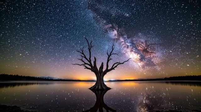 Stunning Milky Way Galaxy Over a Dead Tree Reflecting in a Calm Lake Under a Starry Night Sky