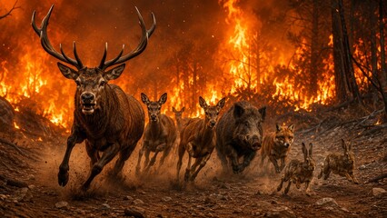 Fototapeta premium Wild Animals Fleeing a Raging Forest Fire