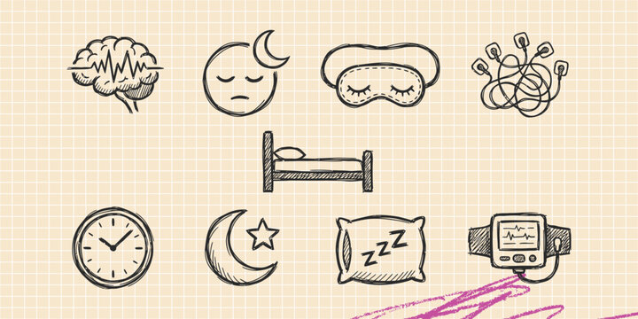 Hand drawn vintage black ink scribble doodle vector set of sleep bed moon and dreams icons for creative graphic design