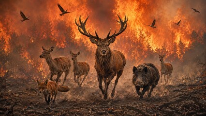 Fototapeta premium Wild Animals Fleeing a Raging Forest Fire