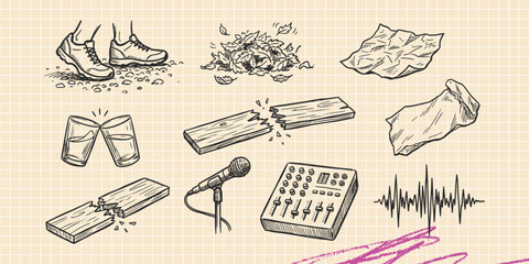 Hand drawn vintage black ink scribble doodle vector set of swimming pool and diving equipment icons for creative graphic design © Broke Stoke