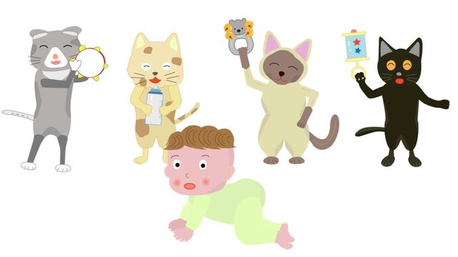 赤ちゃんの成長を応援している猫たち。