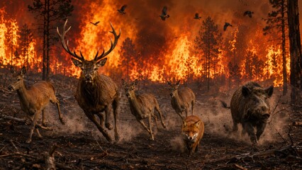 Fototapeta premium Wild Animals Fleeing a Raging Forest Fire