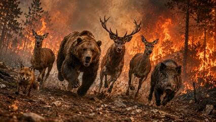 Fototapeta premium Wild Animals Fleeing a Raging Forest Fire