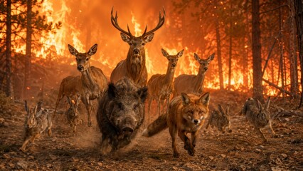 Fototapeta premium Wild Animals Fleeing a Raging Forest Fire