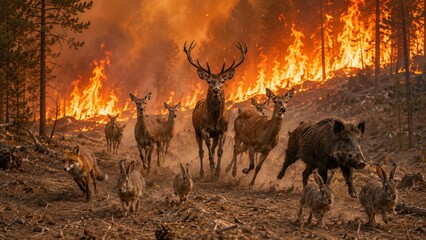 Fototapeta premium Wild Animals Fleeing a Raging Forest Fire