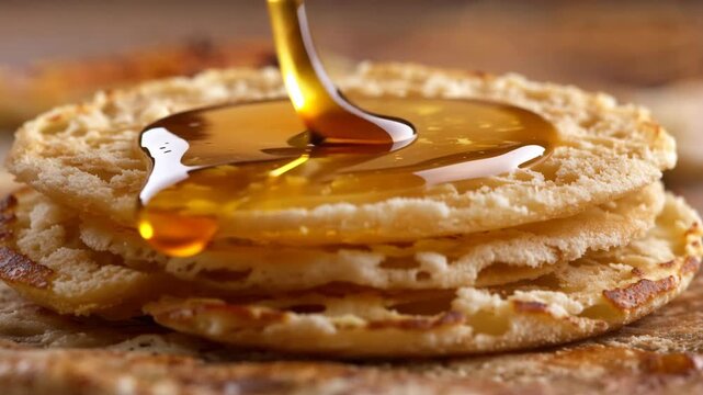 Close up of golden syrup pouring over a stack of fresh pancakes