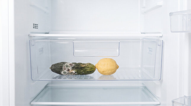 A rotten cucumber and a fresh lemon inside the vegetable drawer of a refrigerator