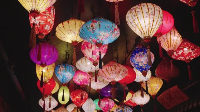Asian Paper Lantern Decorations at Night on Enoshima Island, Japan