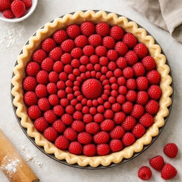 Delicious raspberry pie with spiral arrangement on a gray surface