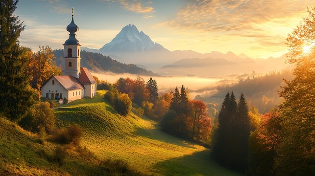 A small church on a hill with a mountain range in the background at sunrise.