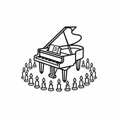 Grand piano surrounded by candles black outline vector illustration with black line art surrounded lit art style entertainment performance with instrument © Zia