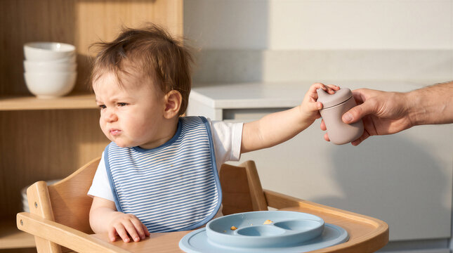 A baby sitting in a high chair looking away with a grumpy expression while being offered a sippy cup by a parents hand