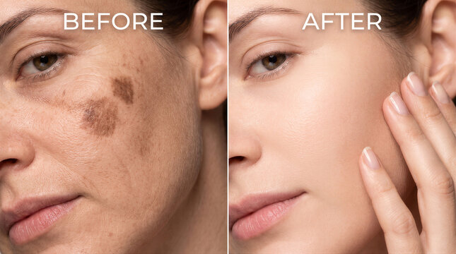 Before and after comparison of a womans face showing skin hyperpigmentation treatment and skin rejuvenation results