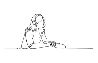 Continuous line drawing of a girl listening to music with headphones and using a laptop