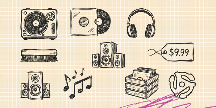 Hand drawn vintage black ink scribble doodle vector set of dj music vinyl and turntable icons for creative graphic design
