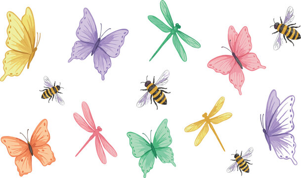 Colorful Flying Insects Vector Element Set Featuring Hand Drawn Sketched Butterflies Dragonflies and Honey Bees for Summer Wildlife Designs Wallpaper and Textile Prints